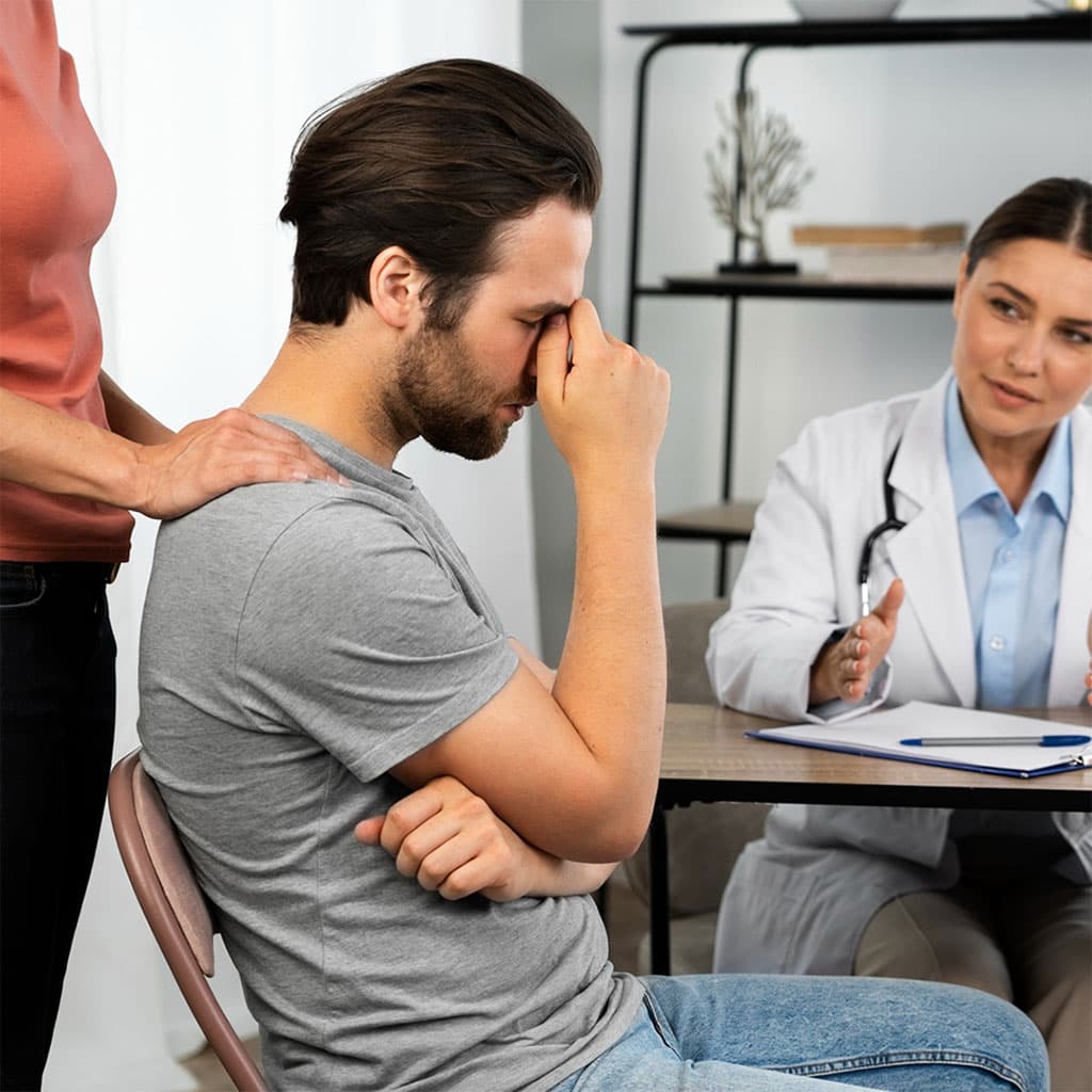 Man discussing a health concern with a physician